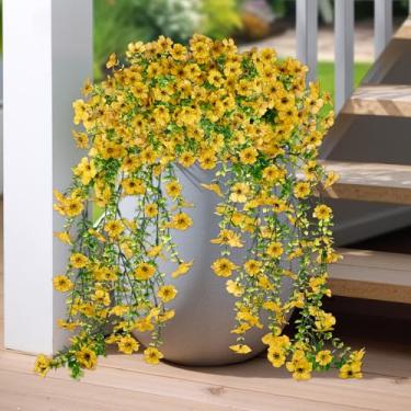 Imagem de Evoio 2 pacotes de flores artificiais de hera violeta para pendurar no exterior, pátio, jardim, varanda, casamento, decoração de casa (amarelo)