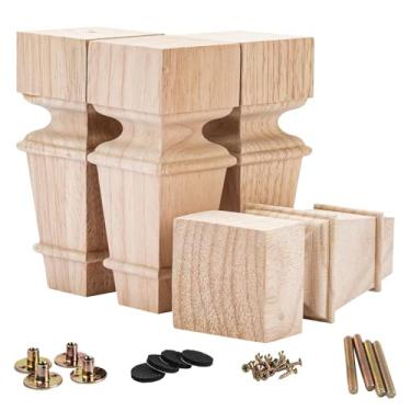 Imagem de Pernas de madeira para móveis de 15 cm, conjunto de 4 pés de substituição de madeira maciça esculpida geometria inacabada com placa de montagem e parafusos para sofá, armário, sofá, mesa, suporte de