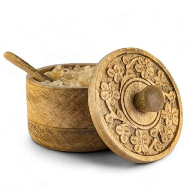 Imagem de Tigelas de saleiro vintage, adega com tampa de madeira | Porta-sal de madeira, tigelas de temperos para cozinhar | Saleiro e pimenta, chá e açúcar, recipiente de armazenamento de café para cozinha com colher pequena - madeira natural de manga