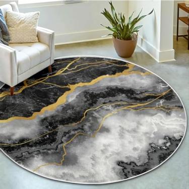Imagem de CCoutueChen Tapete redondo de mármore abstrato – Tapetes redondos cinza preto 10 x 10 para sala de estar, tapetes macios para sala de jantar, tapete lavável na máquina, tapete antiderrapante para