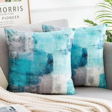Imagem de Miuyunya Conjunto de 2 capas de almofada decorativas de veludo azul-petróleo 50 x 50 cm, fronhas macias e aconchegantes para sofá moderno turquesa fronha vintage decoração de casa para sofá, cama