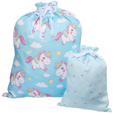 Imagem de CREATCABIN 2 peças de sacos de embrulho unicórnios saco de presente com cordão 50,8 cm grande 30,5 cm pequeno azul reutilizável tecido embrulho sacos sacos de presente para aniversário, lembrancinhas