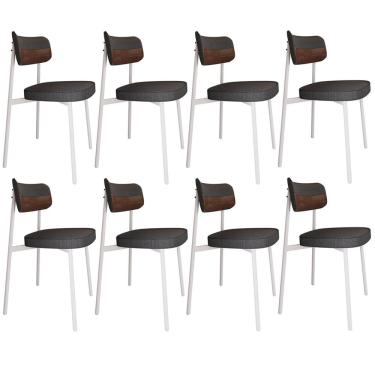 Imagem de Kit 08 Cadeiras Estofada Para Sala de Jantar Astrid Branco C01 Linho Preto Courino Whisky - Lyam Decor