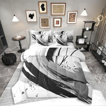 Imagem de Erosebridal Jogo de cama solteiro preto e cinza, geométrico, decorativo, abstrato, listrado, moderno, para meninos, adultos, meninas, minimalistas, graffiti, linhas estéticas, 7 peças