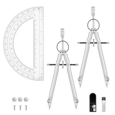Imagem de Conjunto de bússola e transferidor, 2 bússola de desenho e transferidor de braço oscilante de 15 cm transferidores matemáticos de 180 graus, bússola de metal sem recargas extras conjunto de