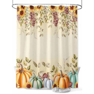 Imagem de Cortina de chuveiro de outono de ação de graças, laranja, verde-petróleo, abóboras, tecido lavável à prova d'água, conjunto de cortinas de banheiro para decoração de banheiro, 91 x 182 cm de