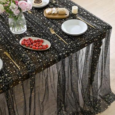 Imagem de Horaldaily Toalha de mesa retangular de gaze de estrela brilhante dourada preta 152 cm × 213 cm, folha metálica com glitter de estrela dourada, gaze de tule de chiffon transparente para festa de