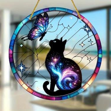 Imagem de Acrílico colorido Suncatcher, galáxia e jardim de borboletas, decoração de janela suspensa de 18 cm com design de vitral impresso, apanhador de sol, ideia de presente e ornamento de jardim, uso