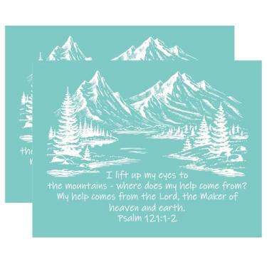 Imagem de Briartw Pacote com 2 estênceis de serigrafia Psalm 121:1-2, estênceis de malha autoadesivos reutilizáveis de 21 x 28 cm com paisagem de montanha, estênceis de inspiração religiosa para artesanato e