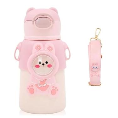 Imagem de Garrafa térmica Infantil de inox, borracha, com canudo e vacuum flask (beer, sheep, fox, crocodile, rabbit) (Rosa)