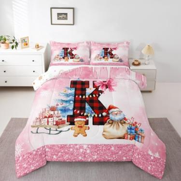 Imagem de Feelyou Lindo conjunto de edredom masculino de gengibre, Papai Noel, com inicial K, para meninos e meninas, floco de neve, colcha personalizada, letra K, decoração de quarto, árvore de Natal, 2 peças