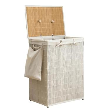 Imagem de Cesto de roupa suja com tampa, cesto de roupa grande de 200 L, 2 sacos de forro removíveis, cesto de roupas de vime sintético com bolso lateral, organização de lavanderia para banheiro, lavanderia