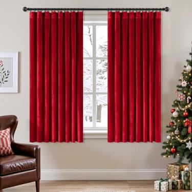 Imagem de Cortinas de veludo vermelho de Natal de 153 cm de comprimento, blecaute, isolamento térmico, à prova de som, cortinas de escurecimento de quarto, cortinas de janela plissadas para quarto, sala de