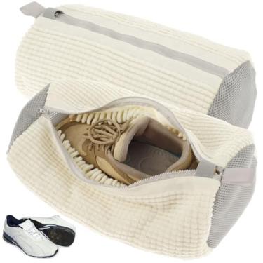 Imagem de 2 peças saco de lavanderia reutilizável de malha saco de lavanderia para máquina de lavar roupa bolsa portátil de lavagem de sapatos com zíper e gancho para tênis de corrida 39 x 19 cm (branco)