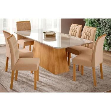 Imagem de Sala De Jantar Completa Helena Com Tampo Madeirado Com Vidro 210x100cm E 6 Cadeiras Juliana Madeirado- Linho Bege - Cimol
