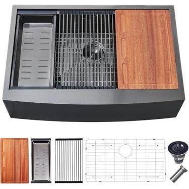 Imagem de Pia de fazenda preta 83 cm - Avental VALISY 83 x 56 cm, pias de cozinha de casa de fazenda, aço inoxidável, calibre 16, borda inferior, tigela única, pia rústica luxuosa com todos os acessórios.