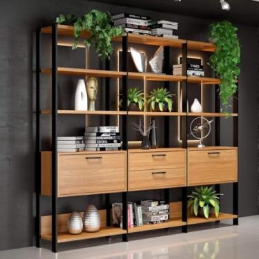 Imagem de Estante para Livros com Design Industrial – MDF Freijó, Preto Fosco, 2 Portas e Gavetas