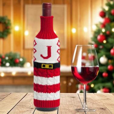 Imagem de 1 peça de capa decorativa de garrafa de vinho de Natal, lindo suéter de malha, recipientes de vinho, acessório de mesa de jantar para festa festiva (letra J)