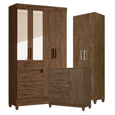 Imagem de Guarda Roupa Com Espelho Solteiro Sobral Com Cômoda Vênus Com Pés E Armário Multiuso New íris Castanho Wood - Moval