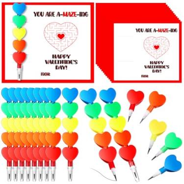 Imagem de Sabary 24 conjuntos de presente de Dia dos Namorados, inclui 24 cartões de dia dos namorados e 24 lápis de coração empilháveis de plástico para crianças, sala de aula, escola, lembrancinha de festa