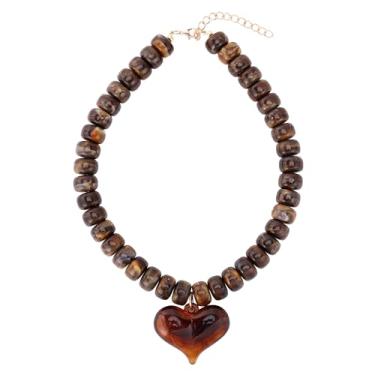 Imagem de HJGPL Colar gargantilha Boho com contas coloridas e grossas, pingente de coração, rosa, verde, amarelo, marrom, joia moderna, 16.0 Inches, Vidro Plástico, Sem Pedra Preciosa