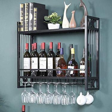 Imagem de Prateleiras de vinho rústicas montadas na parede com suporte de vidro de 6 hastes, prateleiras flutuantes de metal para pendurar para vinho, sala de estar, sala de estar, cozinha, prateleira/#3/80 cm