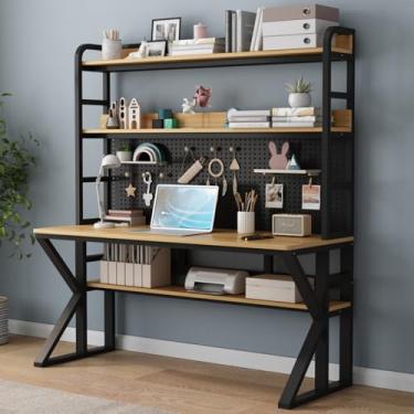 Imagem de ZDJZMGZ Mesa de computador de madeira maciça, com prateleiras de armazenamento, quadro de pegboard, grande mesa de escrita moderna, para estudo de escritório em casa, design resistente