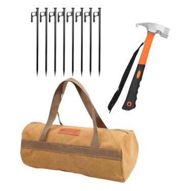 Imagem de KiBcsLic Kit de estacas de aço carbono para barraca com ferramenta, acessório multifuncional, portátil, profissional para uso externo, bolsa de armazenamento, 20cm