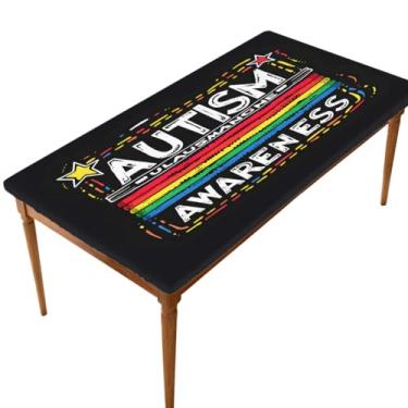 Imagem de hongjinglin Toalha de mesa retangular de 1,8 m com palavras elásticas, design de autismo, capa de mesa retangular, impermeável, lavável, protetor de mesa para piquenique, jantar, cozinha, decoração ao