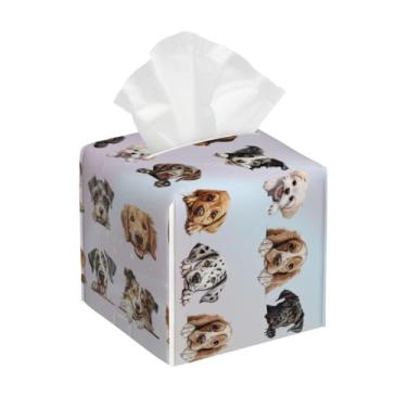 Imagem de Capa quadrada de couro para caixa de lenços de papel à prova d'água para cães, animal, fofo, organizador de papel facial com cinto inferior, estojo de lenços para mesa, banheiro, escritório, mesa