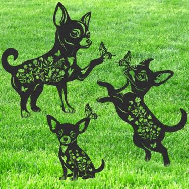 Imagem de LIRAVENO Decoração de jardim para o exterior – 3 peças de estátua de chihuahua estacas de metal à prova d'água preto silhueta de animal ornamentos pátio gramado caminho decorações de quintal presentes