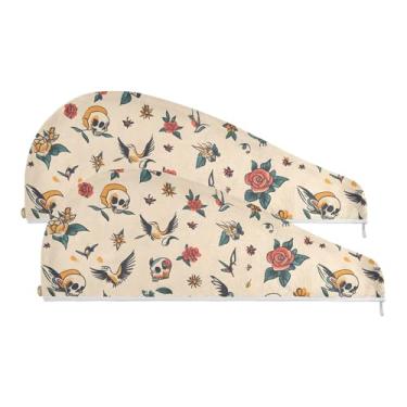 Imagem de SEHANY Toalha de cabelo de microfibra rosa e caveira para mulheres, 2 peças, turbantes de cabelo de secagem rápida com botão, touca de cabelo seco absorvente toalha de secagem de cabelo para cabelos