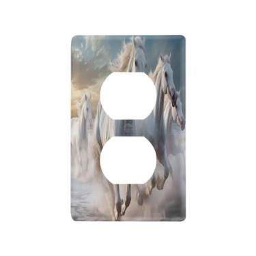 Imagem de Blueangle White Horses Running Duplex Outlets Placa de parede, tamanho padrão, placas de cobertura de tomada elétrica de 1 gangue para decoração de quarto de escritório em casa, 4,53 x 2,76 polegadas