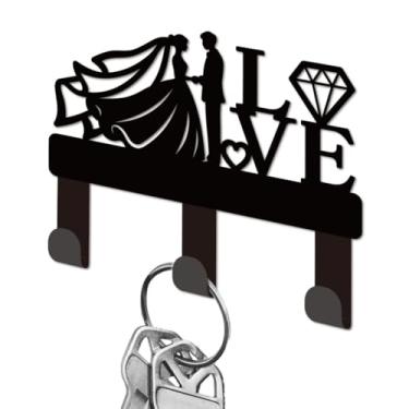 Imagem de DELORIGIN Porta-chaves de parede para noivas e noivos, ganchos de ferro preto montados na parede, cabide de chaves para amantes com 3 ganchos, porta-chaves de casa pequeno para bolsa de casa, coleira