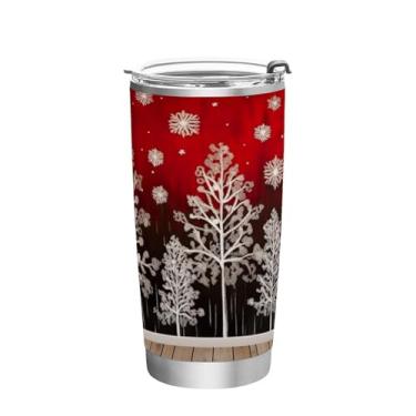 Imagem de Wassud Copo de papel de parede floresta de inverno em vermelho com tampa e canudo de aço inoxidável de parede dupla copo isolado copo de viagem caneca de café para bebidas frias e quentes 350 ml