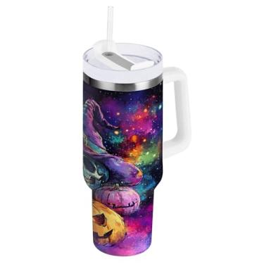 Imagem de STAYTOP Copo colorido de chapéu de bruxa e caveira de 1,134 g com tampa e canudo, copo isolado de aço inoxidável durável à prova de vazamento com alça, garrafas de água à prova de derramamento para