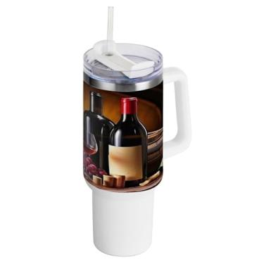 Imagem de Kigai Copo de 1,134 g com tampa e canudo, uvas e vinho tinto à prova de vazamento durável copo isolado de aço inoxidável com alça, garrafas de água à prova de derramamento para viagens