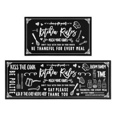 Imagem de QXWREL Tapetes e tapetes de cozinha Farmhouse, conjuntos de 2 peças para chão, regras de cozinha, preto, vintage, antiderrapante, tapete lavável na máquina para decoração de corredor de cozinha 43 x