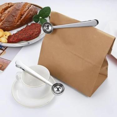 Imagem de Colher de café de aço inoxidável com clipe de colher de café com alça longa clipe de saco de vedação multifuncional para chá, café, proteína em pó, bebidas instantâneas, utensílios de cozinha 2 peças
