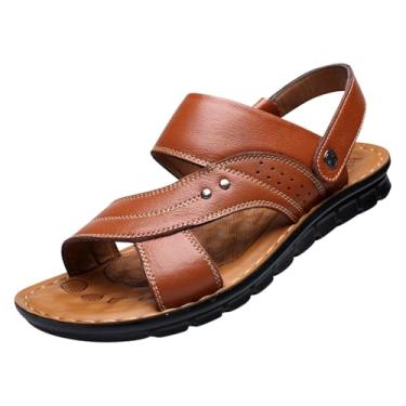 Imagem de Sandálias masculinas casuais de sola grossa respirável para uso ao ar livre para primavera e verão, design moderno com material de couro, Amarelo, 39