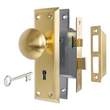Imagem de newliplace Conjunto de fechadura de encaixe dourado escovado para porta interna, maçanetas antigas com fechadura e chave de esqueleto, maçanetas de porta de latão acetinado para portas de estilo