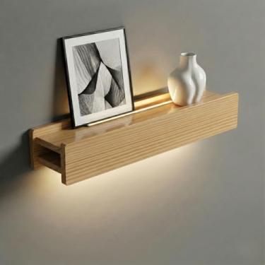 Imagem de CANCHIC Prateleiras flutuantes para parede com luzes LED duplas, prateleiras de madeira natural de 61 cm e prateleira de borda de imagem, prateleira de exibição de parede para molduras de fotos e