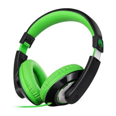 Imagem de rockpapa Fones de ouvido infantis confortáveis para escola, leves, para crianças, meninos, meninas, adolescentes, 3,5 mm, para leitor de CD, DVD, tablet, telefone, viagem, preto/verde