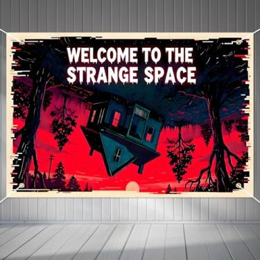 Imagem de Welcome to The Strange Space Fundo, 150x100cm Estranho Assustador Floresta e Casa Banner Cabeça para Baixo Tema Horror Decorações Festa para Halloween Aniversário Quarto Parede Fundo Foto
