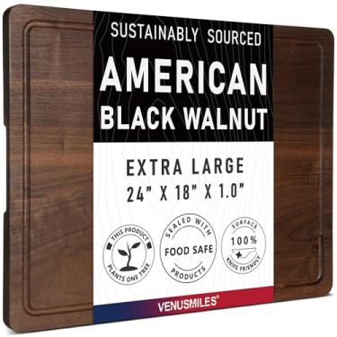 Imagem de Tábua de corte de nogueira preta americana para cozinha (61 x 45 x 2,5 cm) Tábua de cortar madeira pré-oleada, bloco de açougueiro reversível de grão de madeira de nogueira com ranhura de suco e