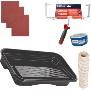 Imagem de Suporte Duplo 46cm + Rolo Duplo 46cm + Bandeja 4,6L + 3 Lixas Grão 100 + 3 Lixas Grão 120 + Fita Crepe 48mm