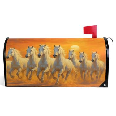 Imagem de TSENQUE Capas magnéticas decorativas para caixa de correio de outono envoltório de vinil bonito cavalo branco animal laranja decoração moderna caixa de correio tamanho padrão 52,6 x 45,8 cm