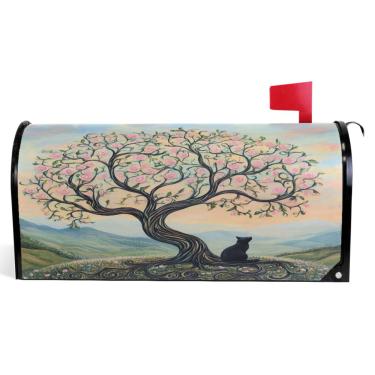 Imagem de TSENQUE Capas decorativas de caixa de correio magnéticas pastel rosa árvore gato vinil caixa de correio decoração de casa de fazenda caixa de correio exterior tamanho grande 64,5 x 52,8 cm