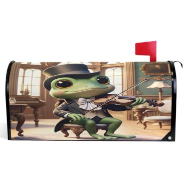Imagem de TSENQUE Funny Frog Violino Capas Decorativas Caixa de Correio Vinil Magnético Envoltório de Caixa de Correio Verão À Prova de Intempéries Decoração de Caixa de Correio Tamanho Padrão 52,6 x 45,8 cm