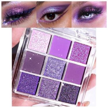 Imagem de Paleta de sombras com glitter cinza prata 9 cores, lavanda violeta roxo glitter metálico brilhante altamente pigmentado